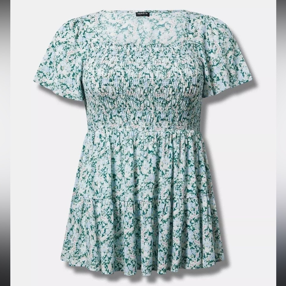 Torrid Green and Pink Puff Sleeve Smocked Blouse